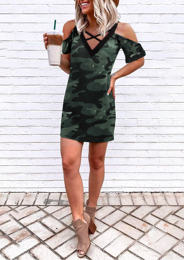 Criss-Cross Cold Shoulder Camouflage Mini Dress