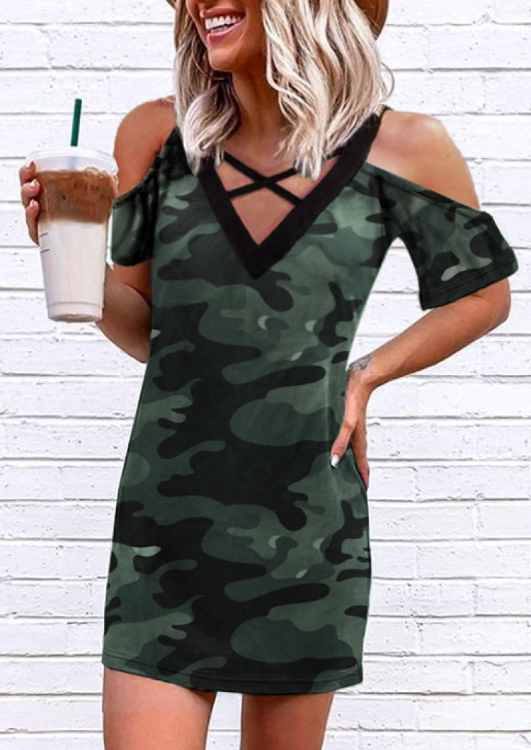 Criss-Cross Cold Shoulder Camouflage Mini Dress