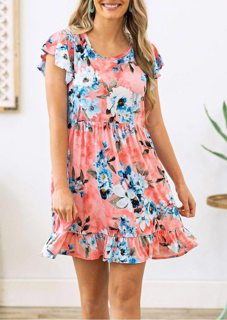 Mini Dresses Floral Ruffled Cap Sleeve Mini Dress in Pink. Size: L,M,S,XL