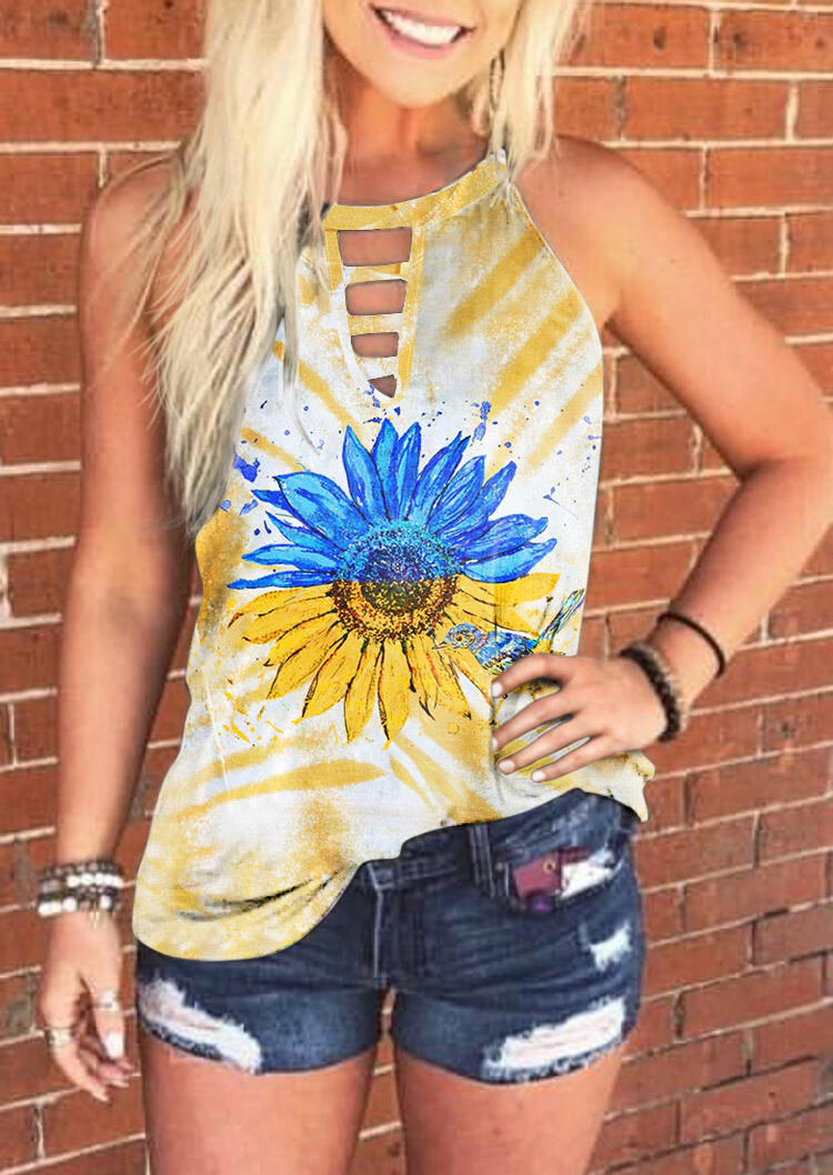 Tank Tops Sunflower Peace Tie Dye Hollow Out Camisole in Yellow. Size: S,M,L,XL