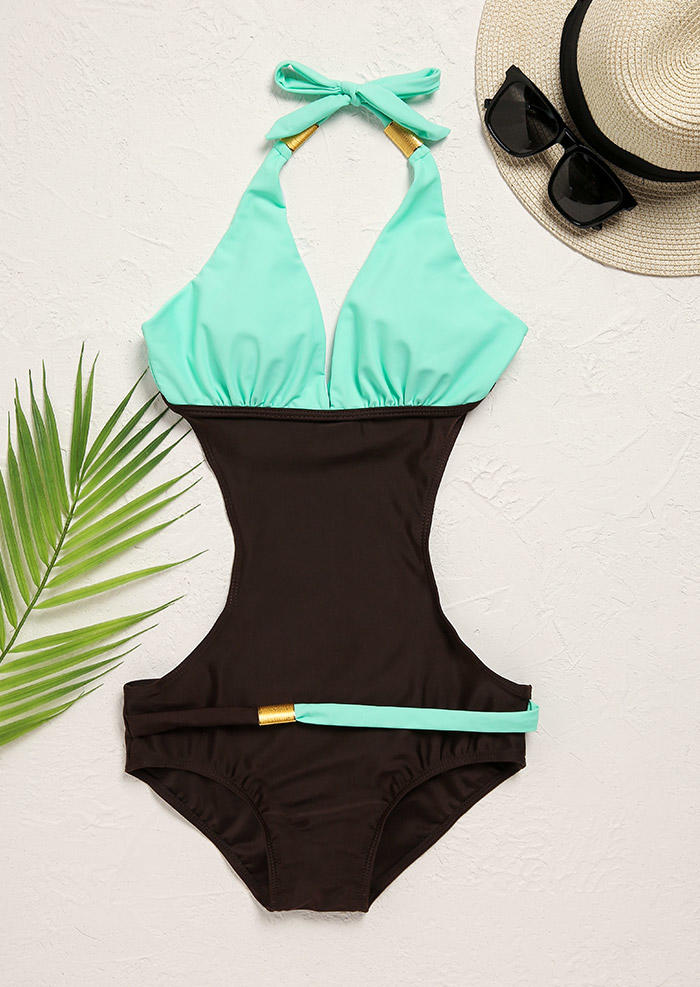 

One-Pieces Swimsuit Color Block Hollow Out Halter One-Piece Bathing Suit Swimwear in Lake Blue. Size: ,M,L,XL