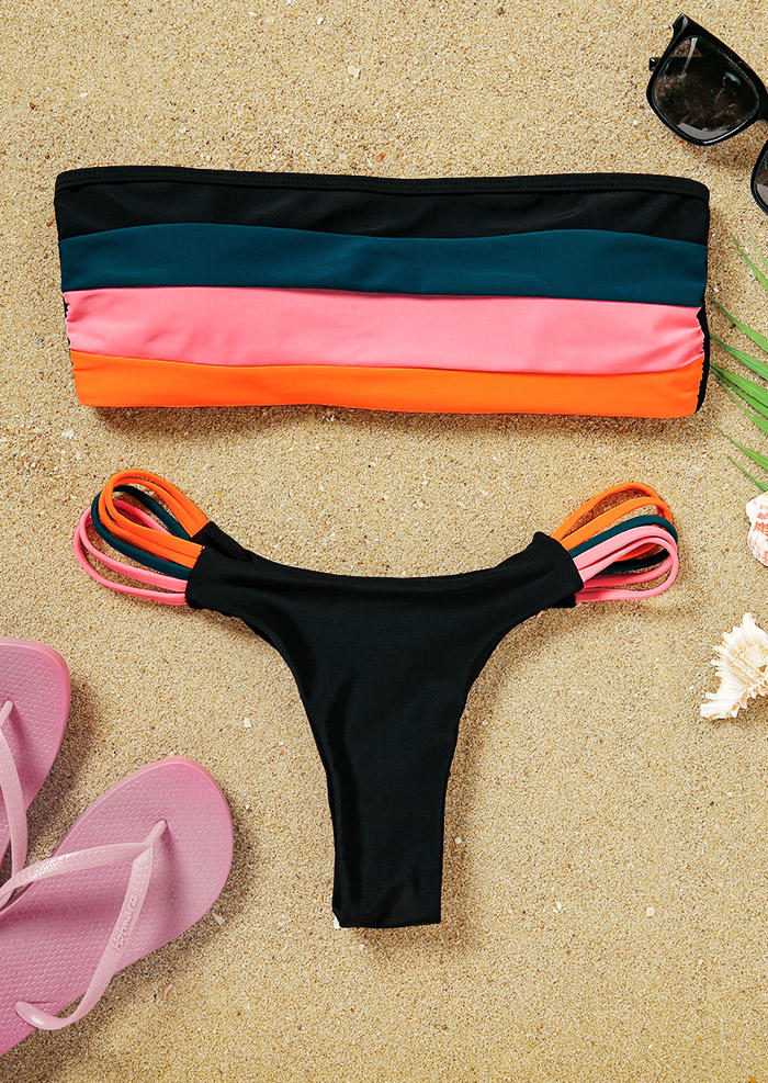 

Bikini Sets Color Block Strapless Bandeau Hollow Out Bikini Set in Black. Size