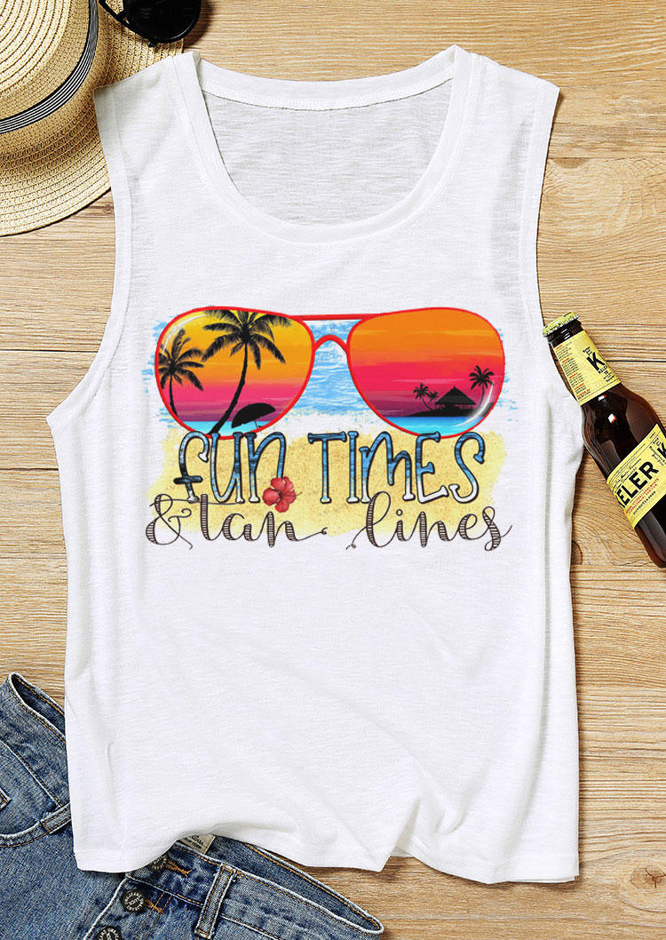 

Tank Tops Fun Times & Tan Lines Coconut Tree Glasses Tank Top in White. Size
