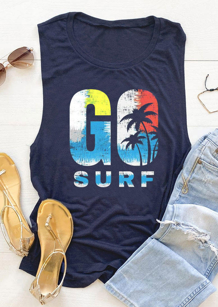 Tank Tops Go Surf Coconut Tree Tank Top in Navy Blue. Size: S,M,L,XL