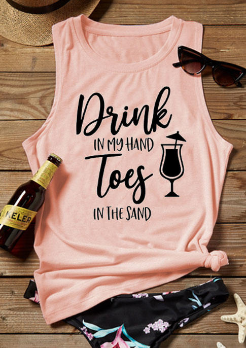 Tank Tops Drink In My Hand Toes In The Sand Tank Top in Pink. Size: S,M,L,XL