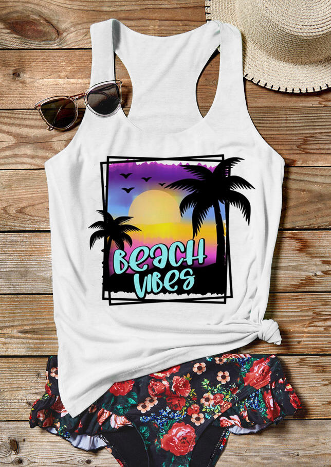 Tank Tops Beach Vibes Coconut Tree Sunset Racerback Tank Top in White. Size: S,M,L,XL