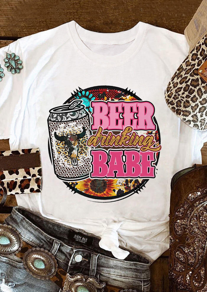 

T-shirts Tees Beer Drinking Babe Leopard Sunflower Steer Skull T-Shirt Tee in White. Size