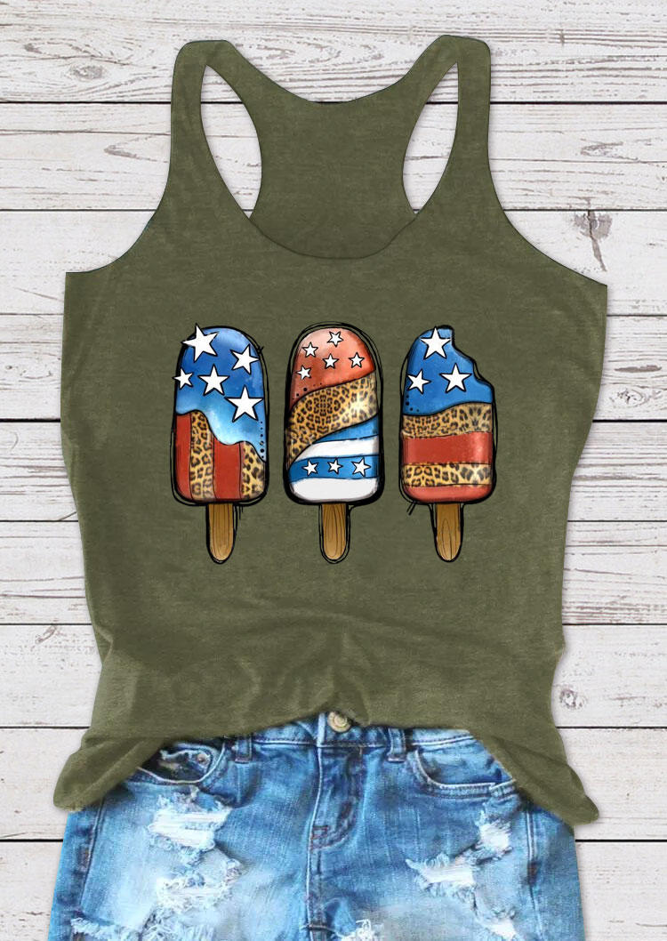 Tank Tops American Flag Leopard Ice Cream Racerback Tank Top in Army Green. Size: S,M,L,XL