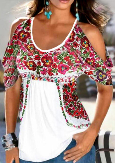 Blouses Floral Cold Shoulder Casual Blouse in White. Size: S