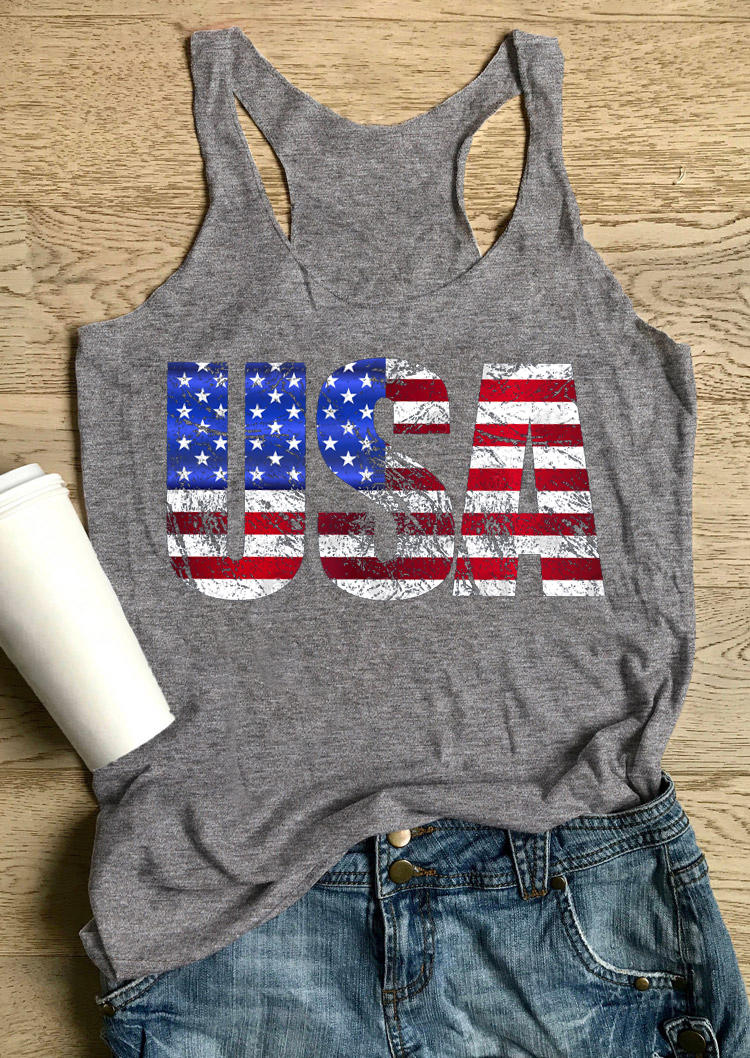 

Tank Tops USA American Flag Star Racerback Tank Top in Gray. Size