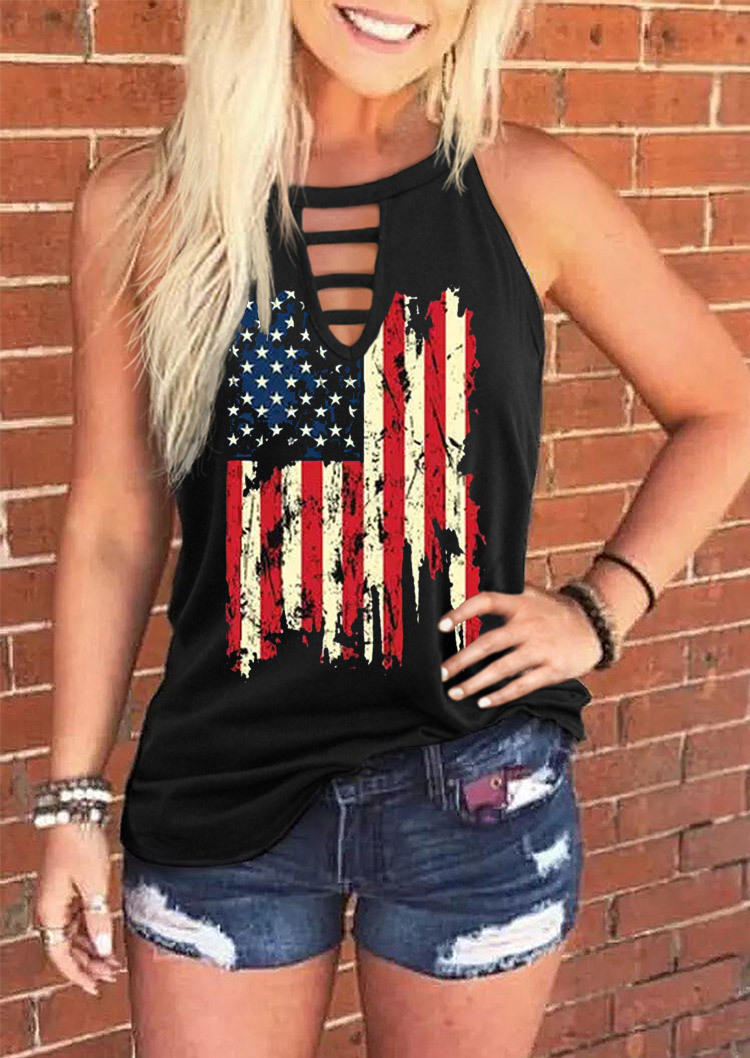 

Tank Tops American Flag Hollow Out Tank Top in Black. Size