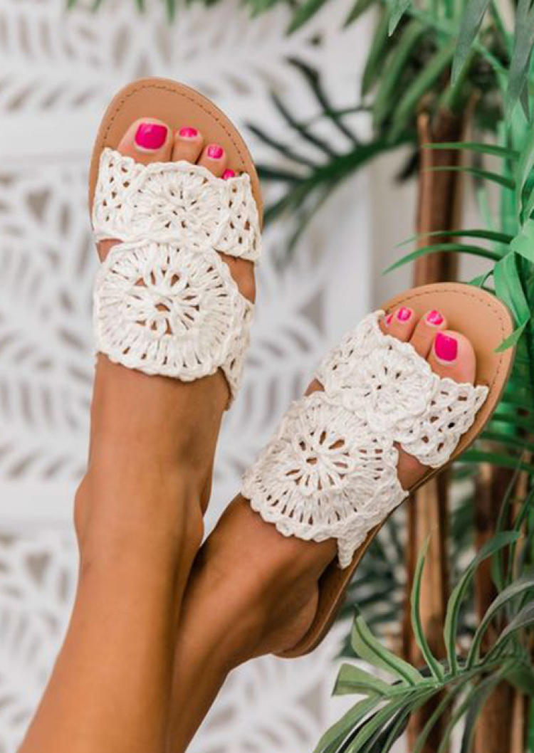 

Slippers Hollow Out Braid Flat Slippers in White. Size