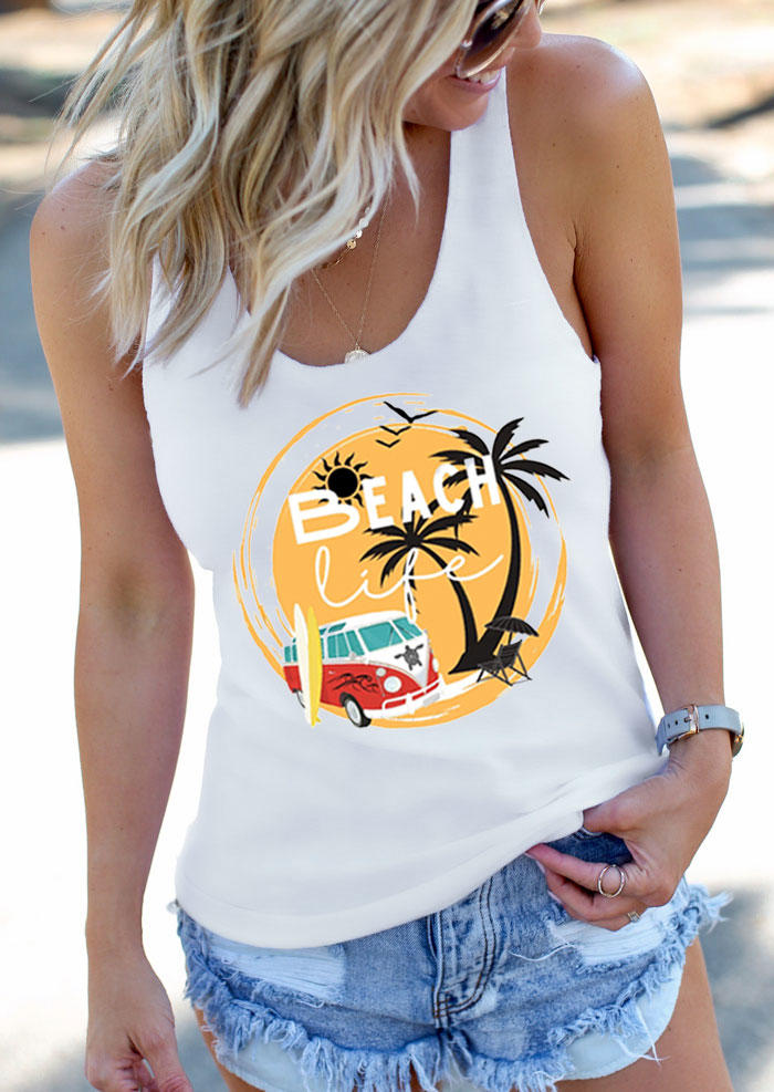 

Tank Tops Beach Life Coconut Tree Racerback Tank Top in White. Size