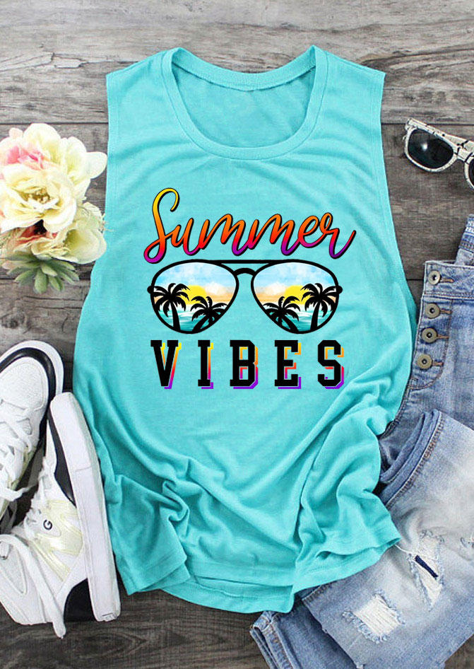 

Tank Tops Summer Vibes Sunglasses Coconut Tree Tank Top in Cyan. Size: ,XL