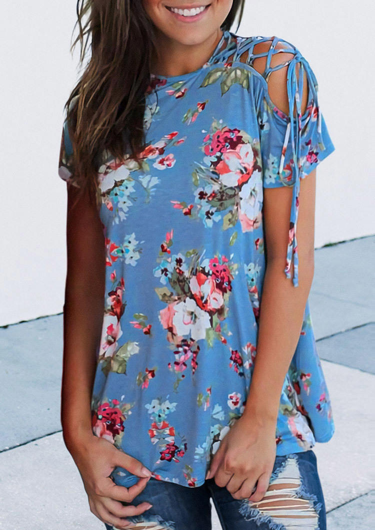 Lace Up Floral Short Sleeve Blouse - Blue