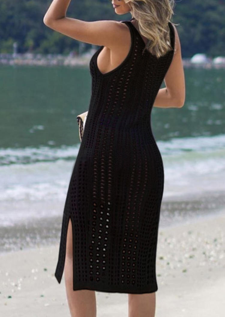 

Cover Ups Hollow Out Slit Crochet Cover Up in Black. Size: ,M,L,XL