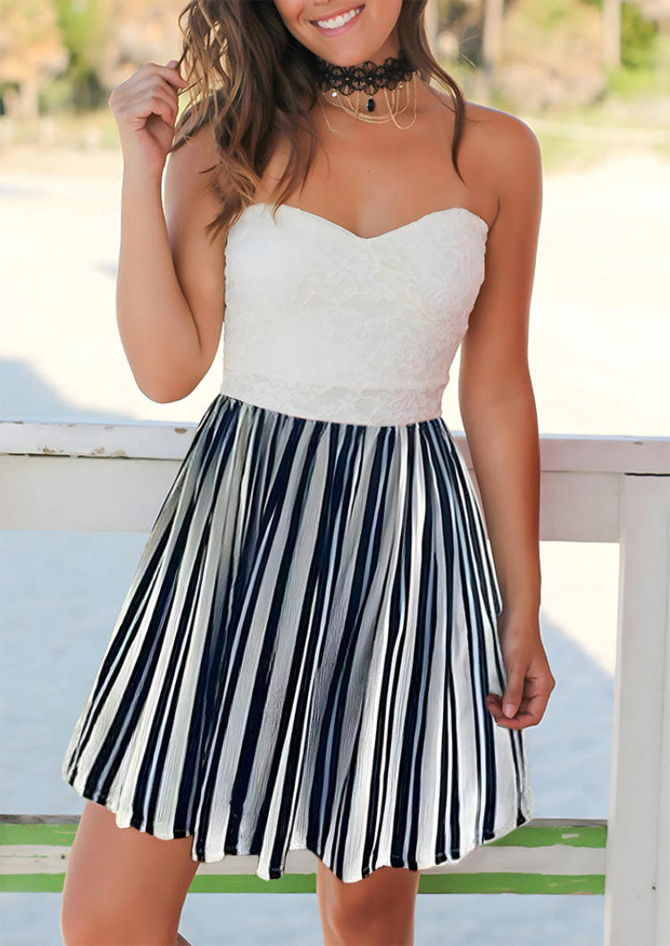 

Mini Dresses Lace Splicing Vertical Striped Strapless Mini Dress in White. Size: ,M,L,XL