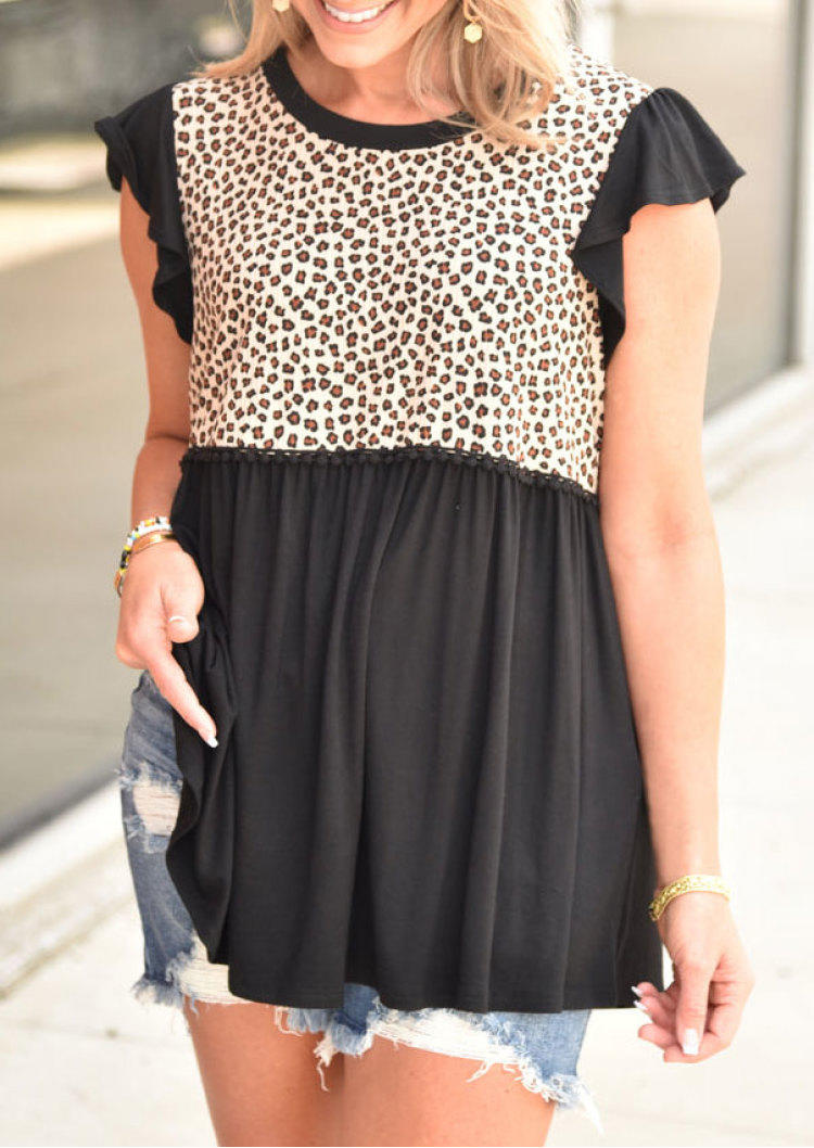 

Blouses Leopard Ruffled Cap Sleeve Blouse in Black. Size: ,M,L,XL