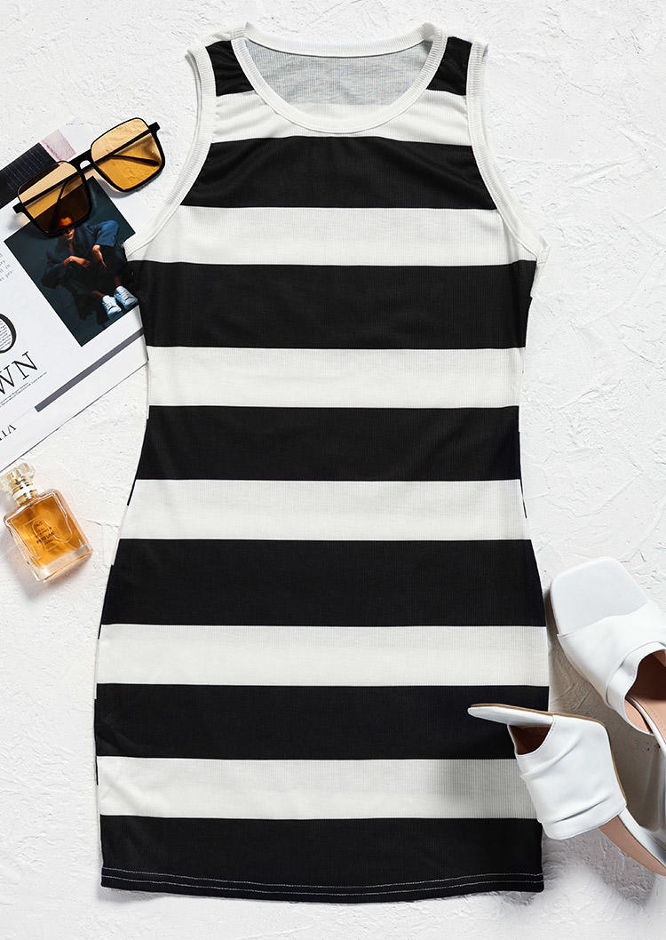 

Bodycon Dresses Striped Sleeveless O-Neck Bodycon Dress in Stripe. Size