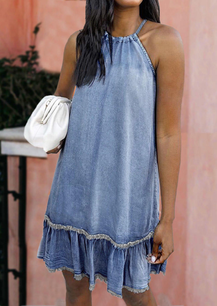 

Mini Dresses Ruffled Frayed Hem Halter Denim Mini Dress in Blue. Size