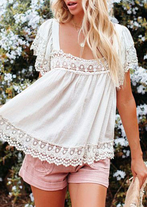 

Blouses Lace Splicing Ruffled Blouse in White. Size