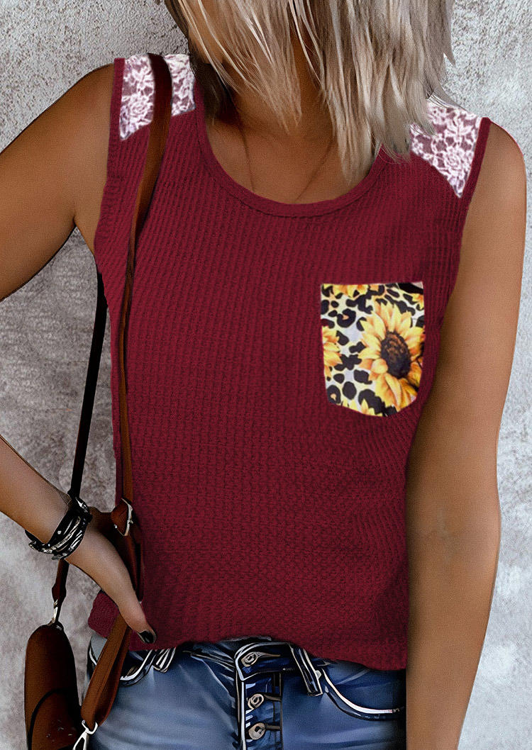 Tank Tops Lace Splicing Sunflower Casual Tank Top - Burgundy in Red. Size: L,XL