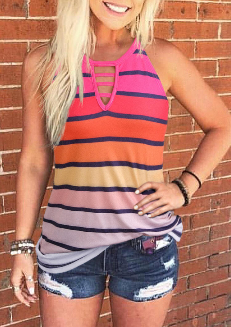 Tank Tops Colorful Striped Hollow Out Tank Top in Multicolor. Size: L