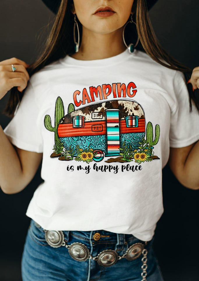 

T-shirts Tees Camping Is My Happy Place Cow Cactus T-Shirt Tee - White in White. Size