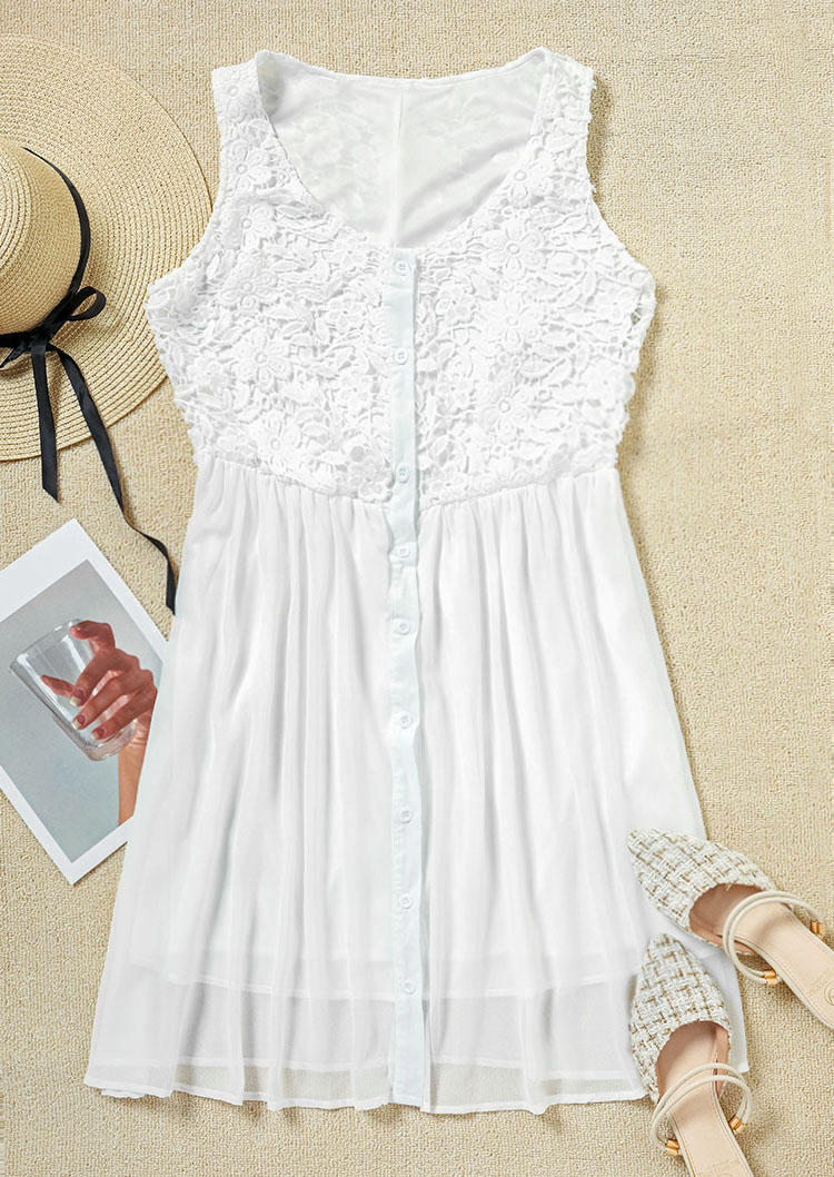 Lace Button Sleeveless Mini Dress - White