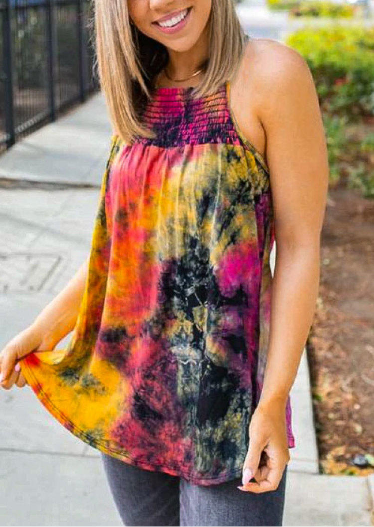 Tank Tops Tie Dye Smocked Casual Camisole in Multicolor. Size: L,M,S