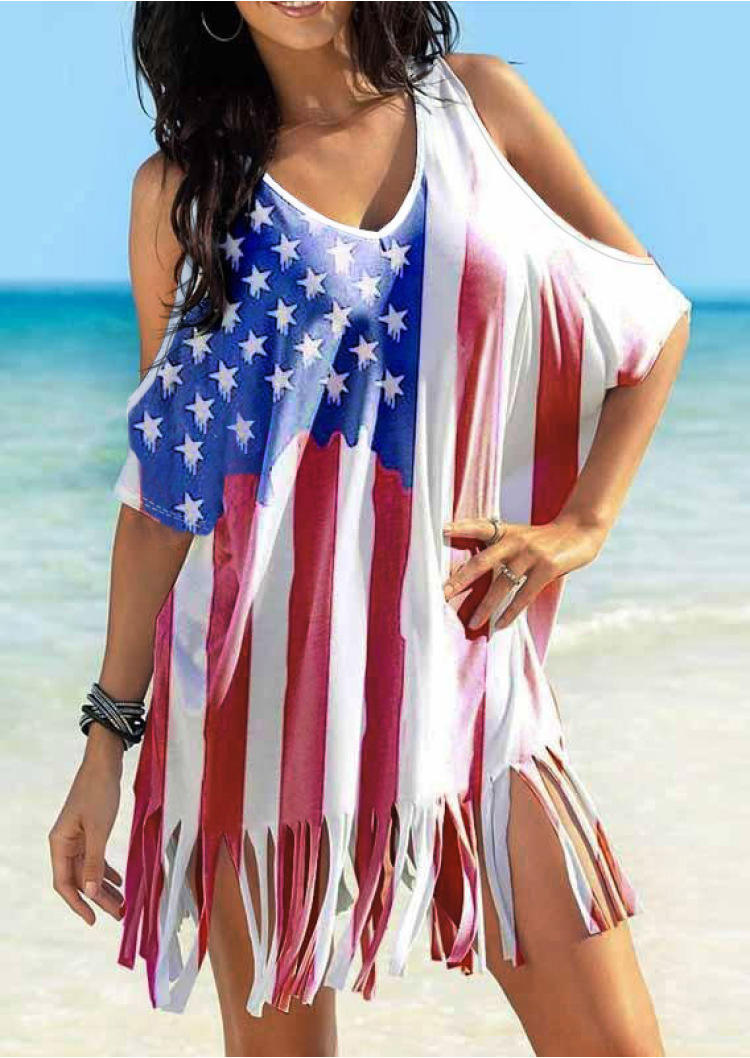 Cover Ups American Flag Tassel Star Cover Up in Multicolor. Size: M,L