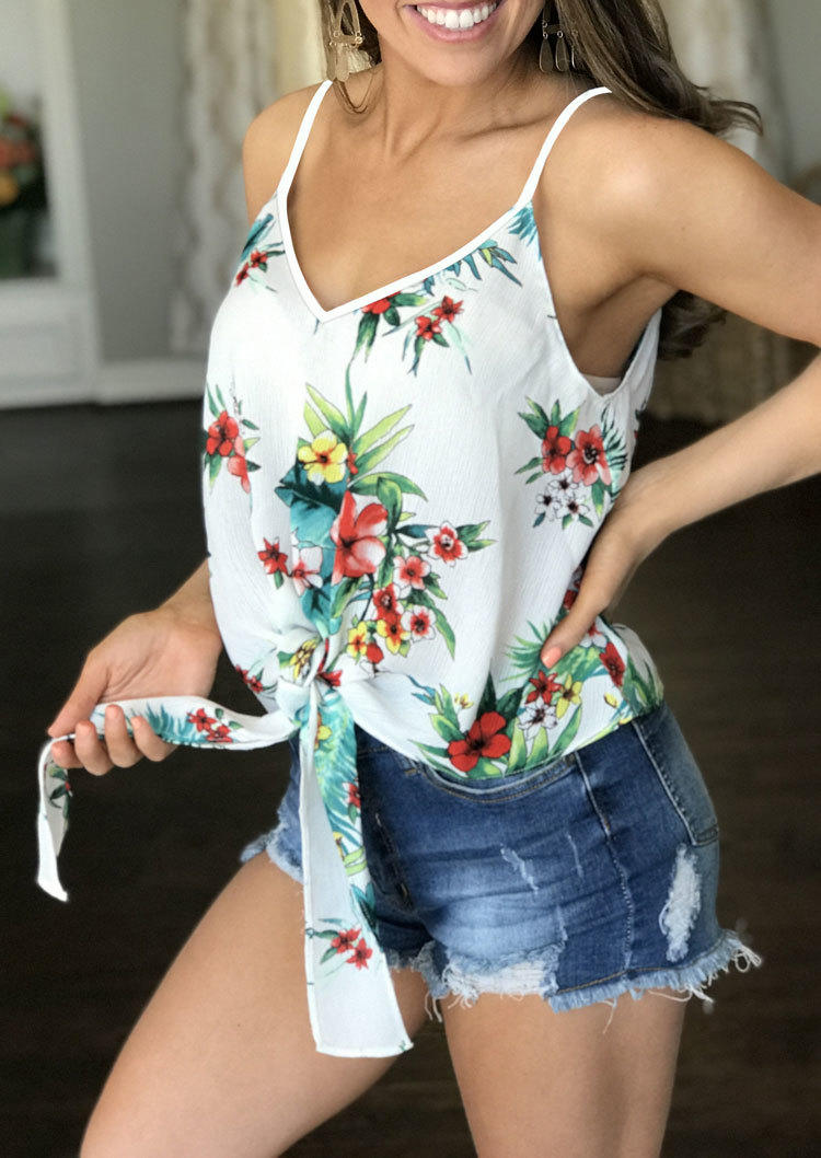 

Tank Tops Floral Tie Casual Camisole in White. Size