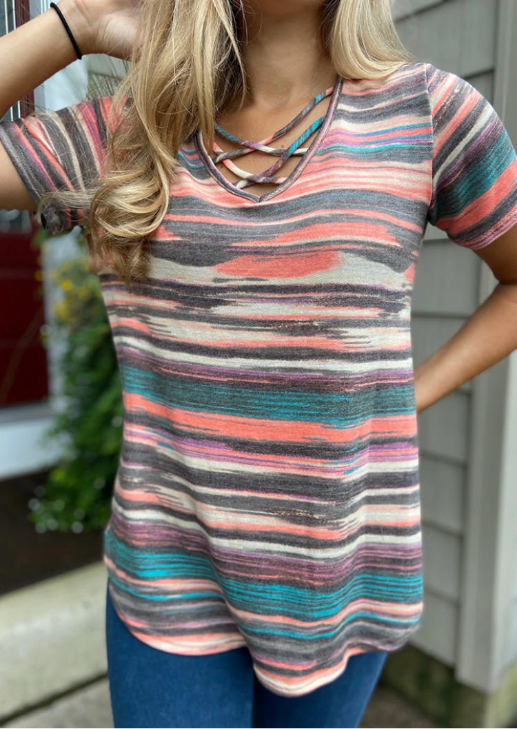 Blouses Colorful Striped Criss-Cross Blouse in Multicolor. Size: M,S