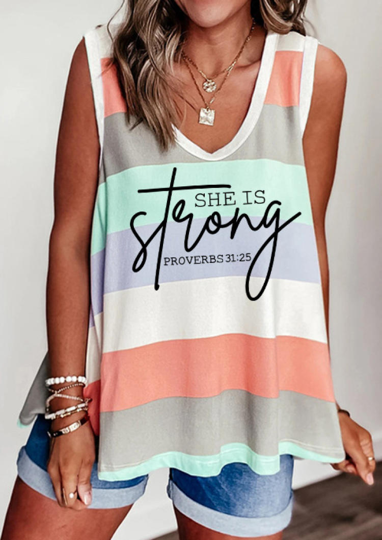 Tank Tops She Is Strong Proverbs Color Block Striped Tank Top in Multicolor. Size: M,S,XL