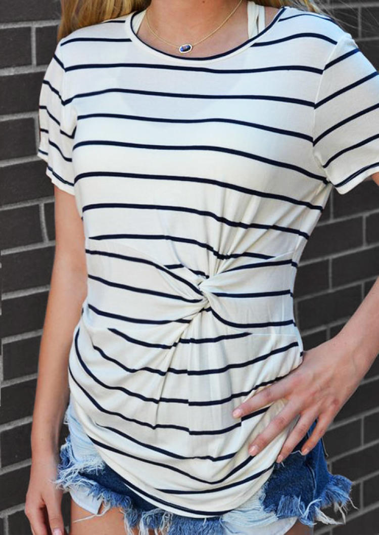 Blouses Striped Twist Short Sleeve Blouse in Multicolor. Size: L,M,S,XL