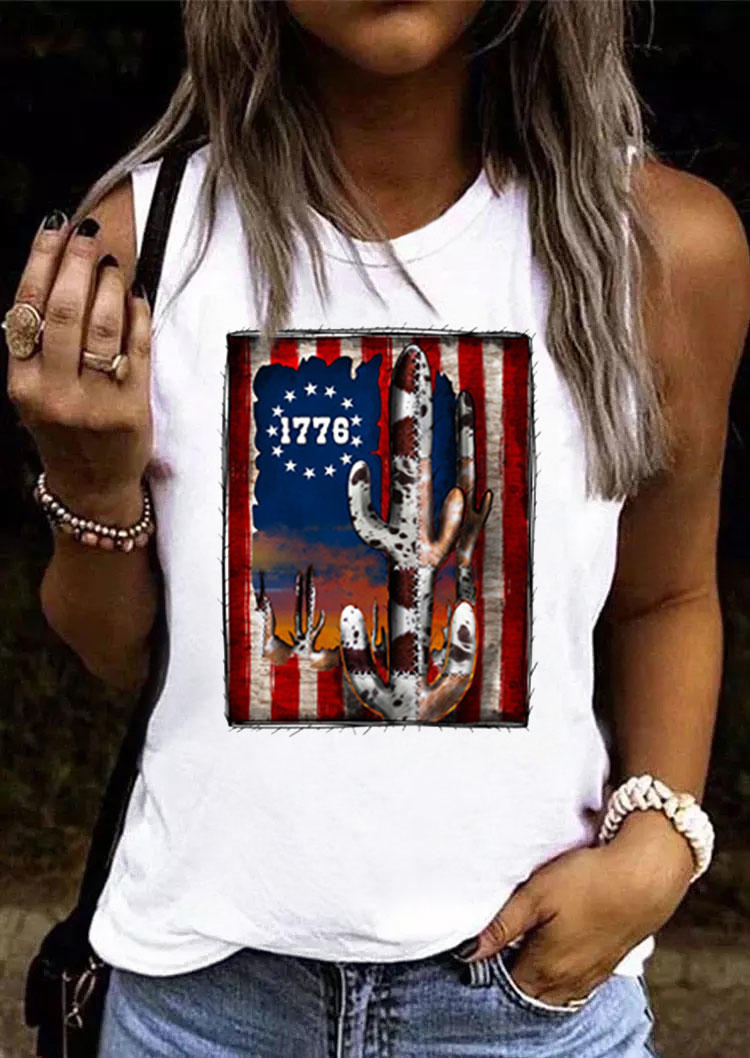 

Tank Tops 1776 Western Cactus Sunset American Flag Tank Top in White. Size: ,M,L,XL