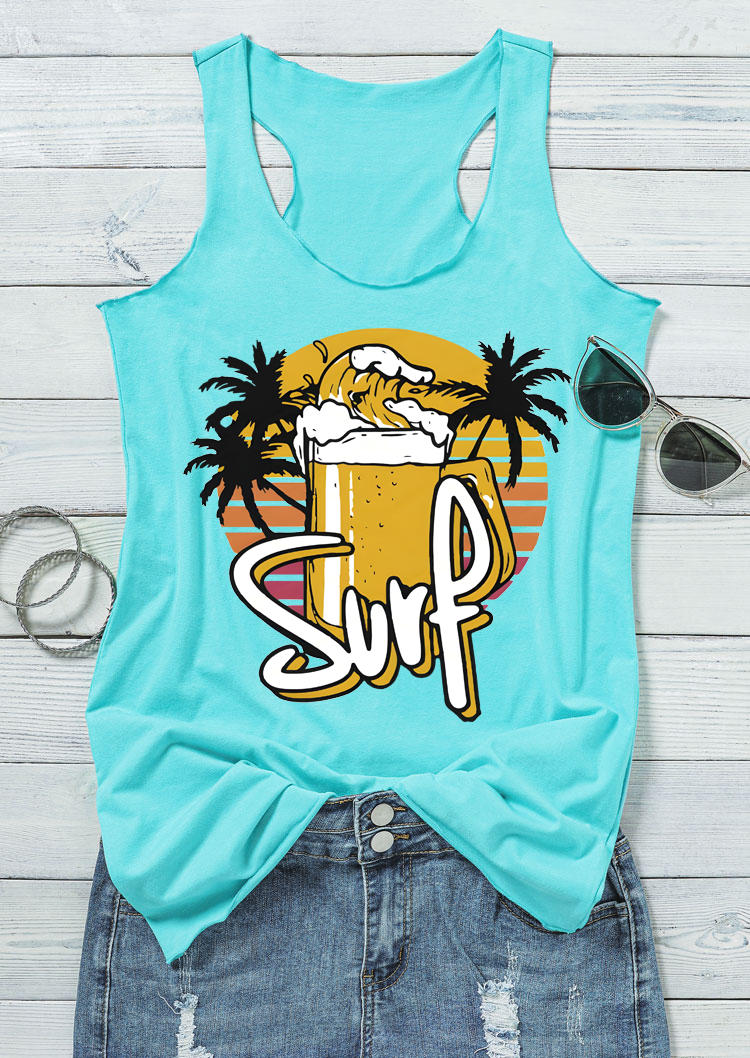 

Tank Tops Beer Surf Coconut Tree Racerback Tank Top in Cyan. Size: ,M,L
