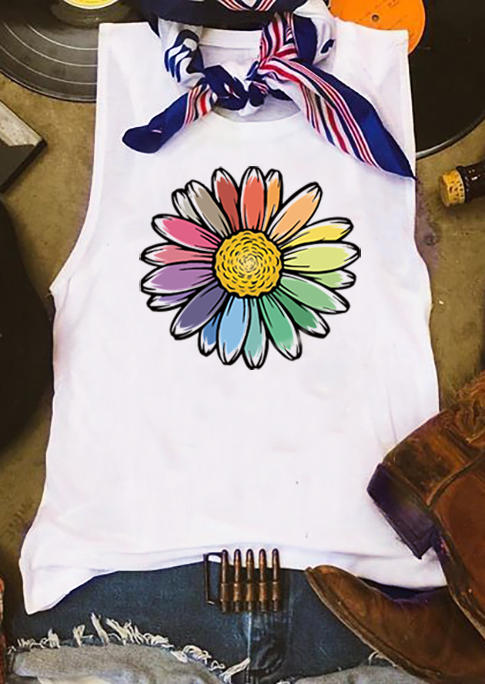 

Tank Tops Rainbow Daisy O-Neck Tank Top in White. Size