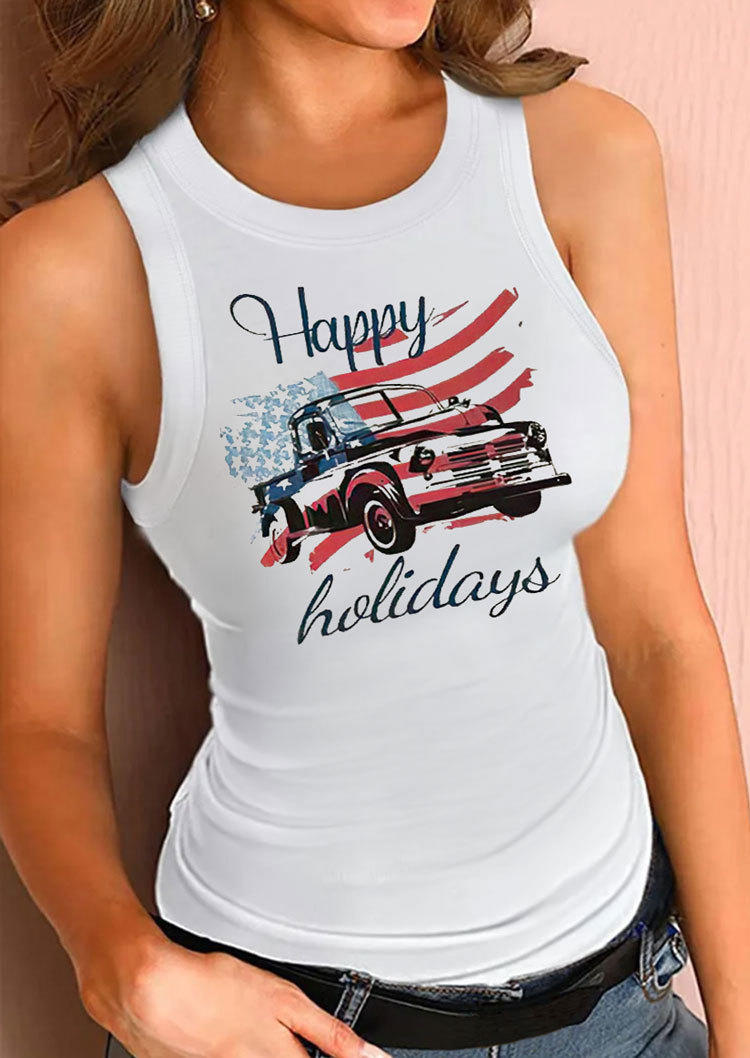 Tank Tops American Flag Happy Holidays Star in White. Size: L,M,S,XL