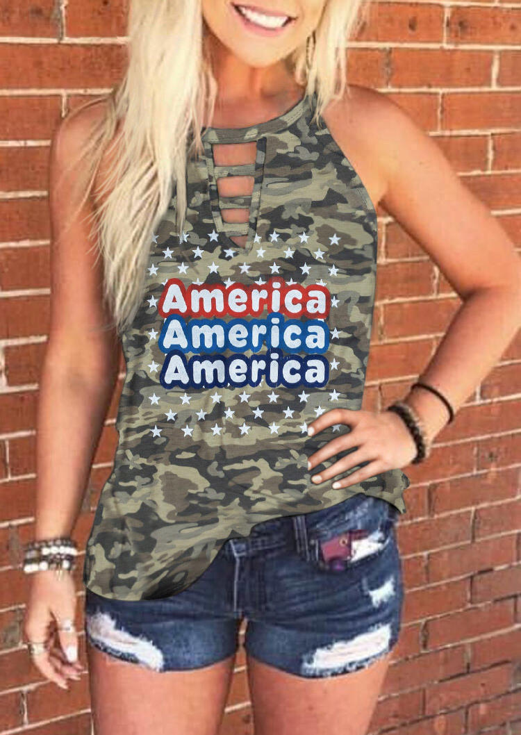 Tank Tops America Camouflage Star Hollow Out Tank Top in Multicolor. Size: L,M,S,XL