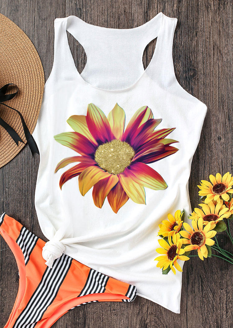 Tank Tops Sunflower Racerback Casual Tank Top in White. Size: M,L,XL