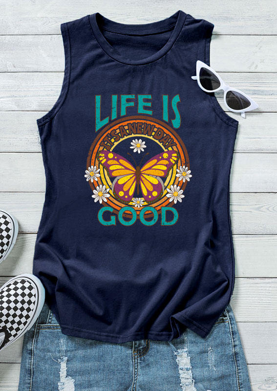 

Tank Tops Life Is Good It' A New Day Daisy Butterfly Tank Top in Navy Blue. Size