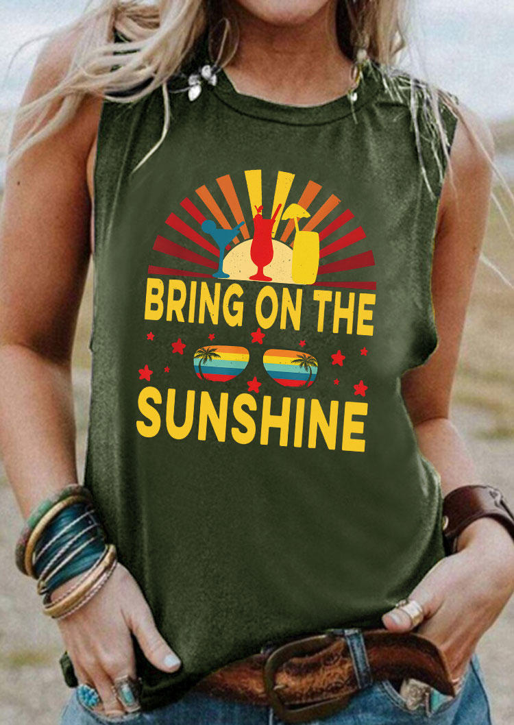 Tank Tops Bring On The Sunshine Drink Coconut Tree Tank Top in Army Green. Size: S