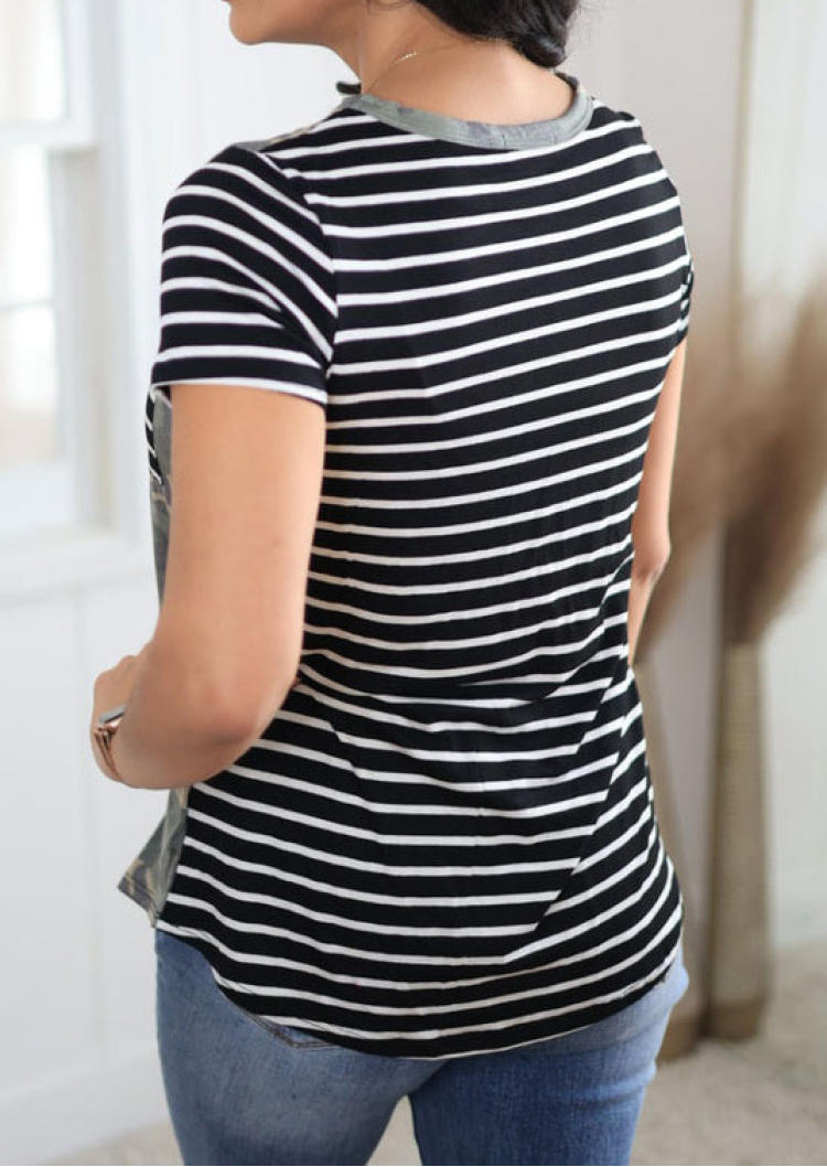 Camouflage Striped Splicing Pocket Blouse