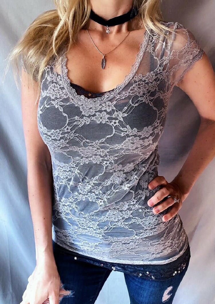 Lace See-Through Blouse - Gray SCM001036