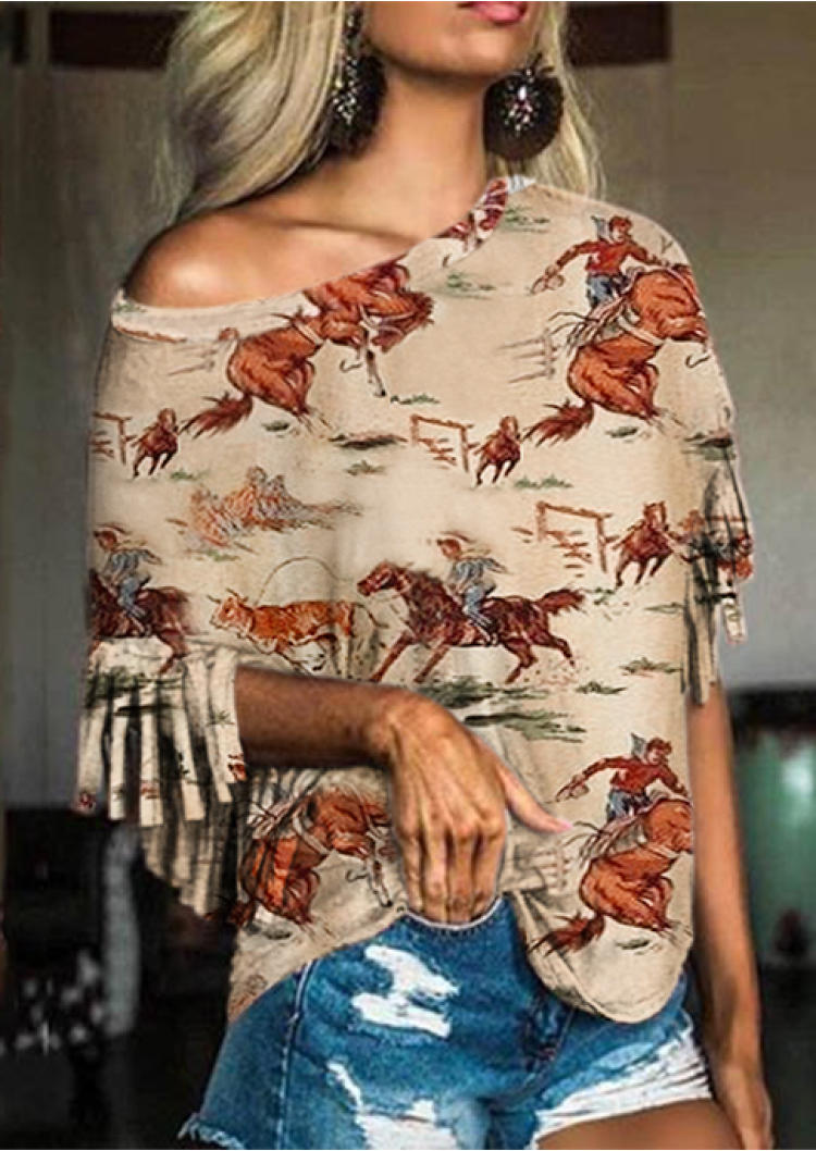

Blouses Tassel Rodeo Cowboy Short Sleeve Blouse in Multicolor. Size