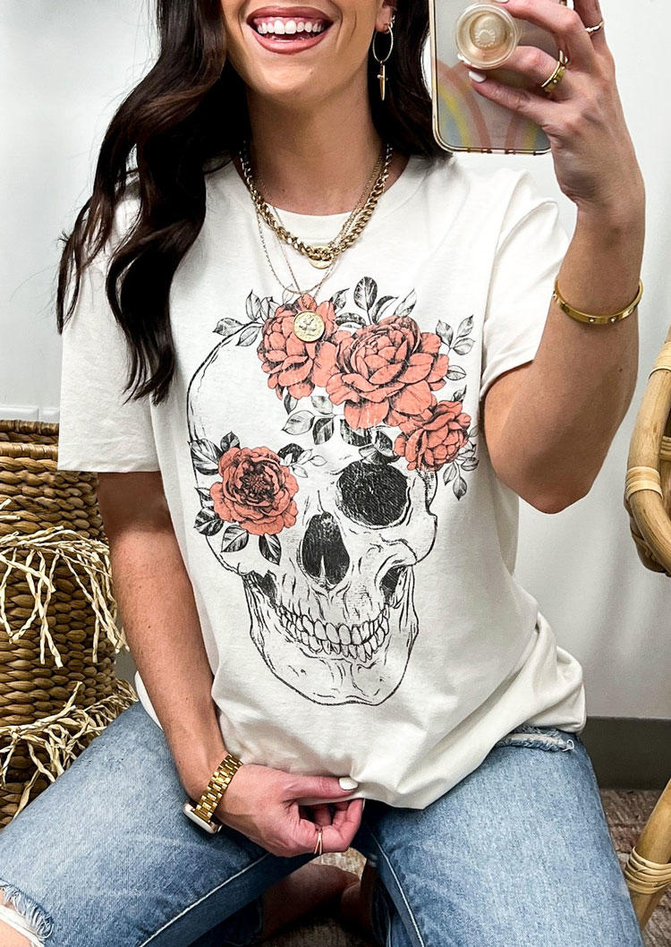 

T-shirts Tees Floral Skull T-Shirt Tee in White. Size