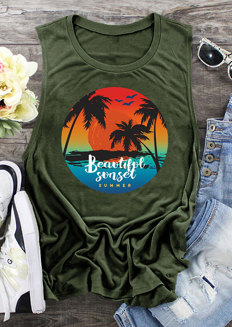 

Tank Tops Beautiful Sunset Summer Coconut Tree Tank Top in Army Green. Size