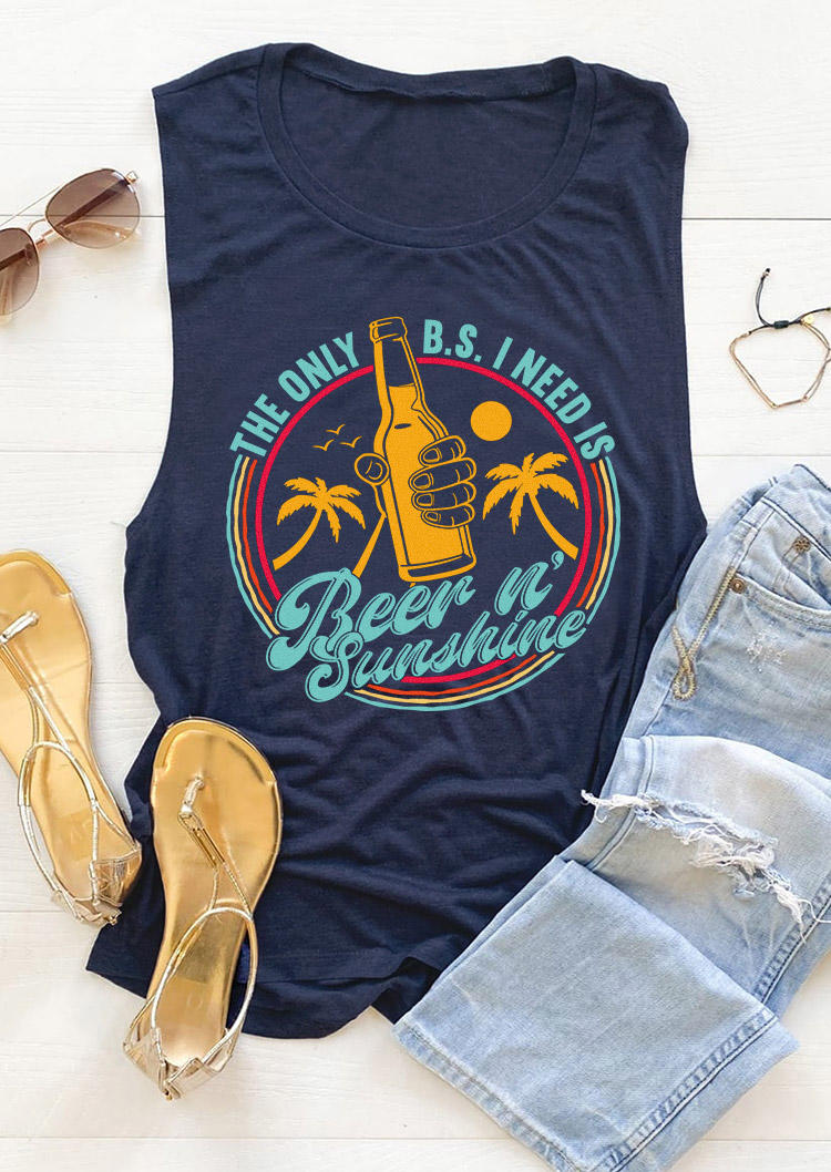 Tank Tops The Only B.S. I Need Is Beer N' Sunshine Tank Top - Navy Blue in Blue. Size: L