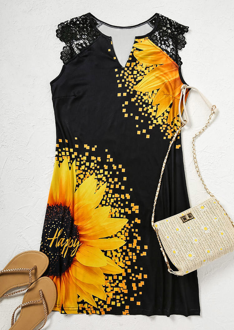 

Mini Dresses Lace Splicing Sunflower Notched Neck Mini Dress in Black. Size: ,M,L,XL